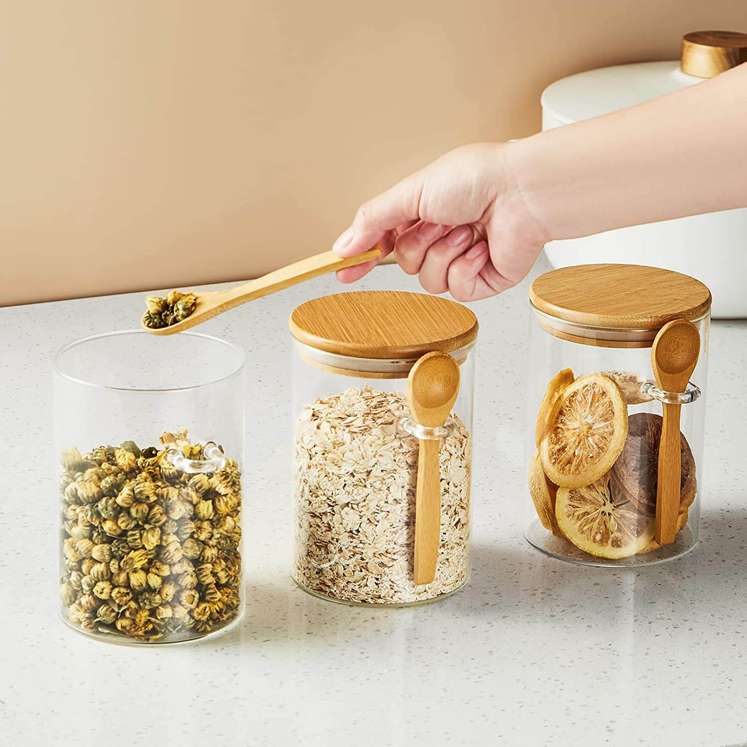 Set of 3 Airtight Glass Jars with Bamboo Lids & Bamboo Spoons - Decorative  & Durable 17-Oz Borosilicate Glass Canisters Hold Coffee Beans, Tea, Flour,  Sugar, Nuts, Candy, Bath Salts & More 